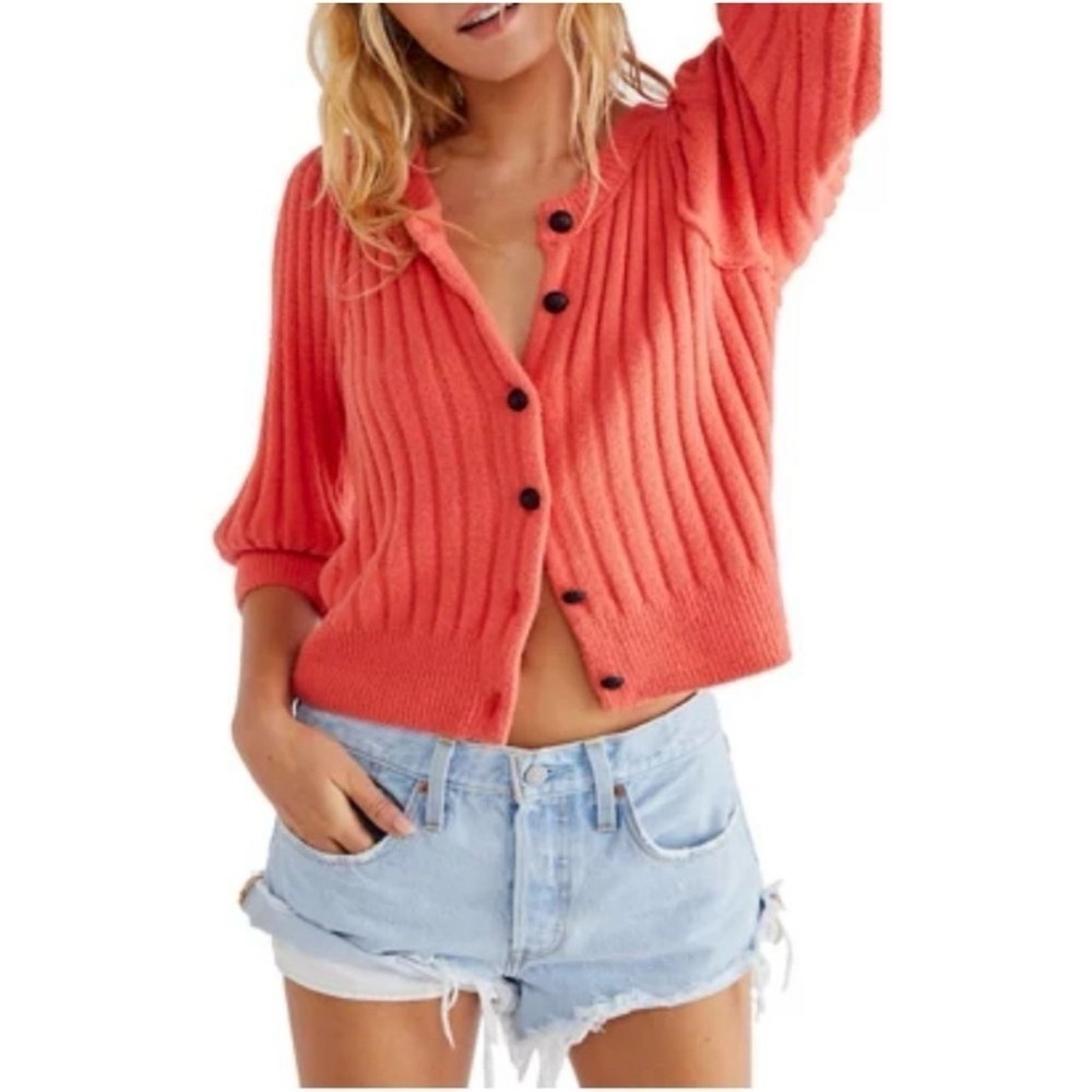 Free People Sloane Cardigan Coral Clay Ribbed Puff Sleeve Cropped Sweater Orange